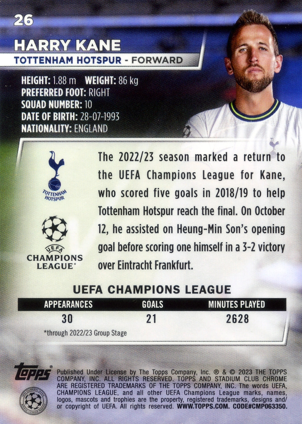 Cromo Trading Card Fútbol-Harry Kane-Tottenham Hotspur-Topps Stadium Club Uefa Chrome 2022-2023-#026-Básico Parallel-1