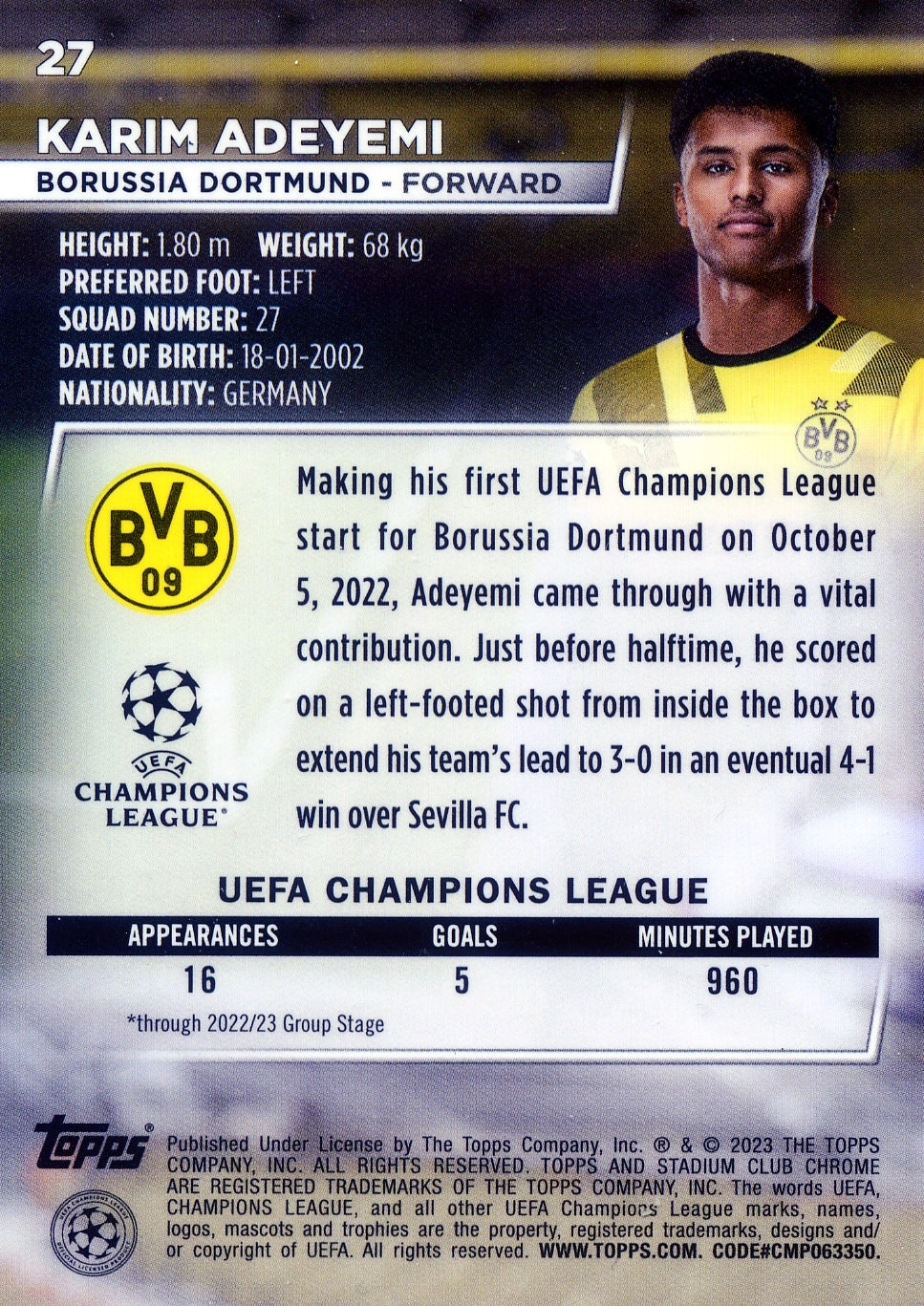Cromo Trading Card Fútbol-Karim Adeyemi-Borussia Dortmund-Topps Stadium Club Uefa Chrome 2022-2023-#027-Básico Parallel-1