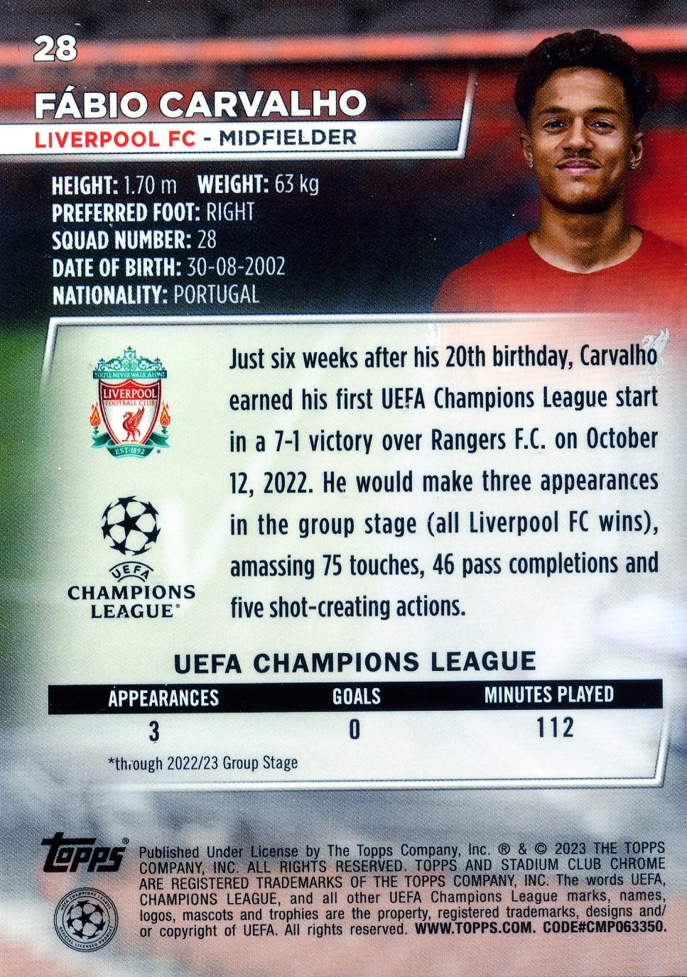 Cromo Trading Card Fútbol-Fábio Carvalho-Liverpool FC-Topps Stadium Club Uefa Chrome 2022-2023-#028-Básico Parallel-1