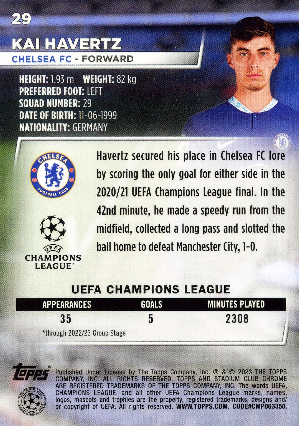 Cromo Trading Card Fútbol-Kai Havertz-Chelsea FC-Topps Stadium Club Uefa Chrome 2022-2023-#029-Básico Parallel-1