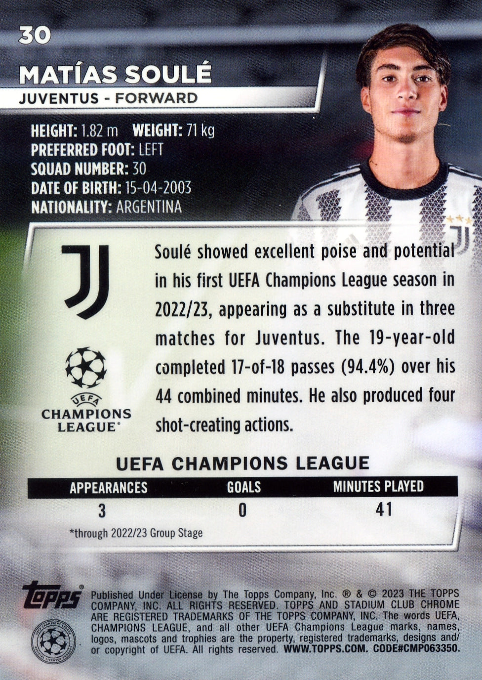 Cromo Trading Card Fútbol-Matias Soule-Juventus-Topps Stadium Club Uefa Chrome 2022-2023-#030-Básico Parallel-1