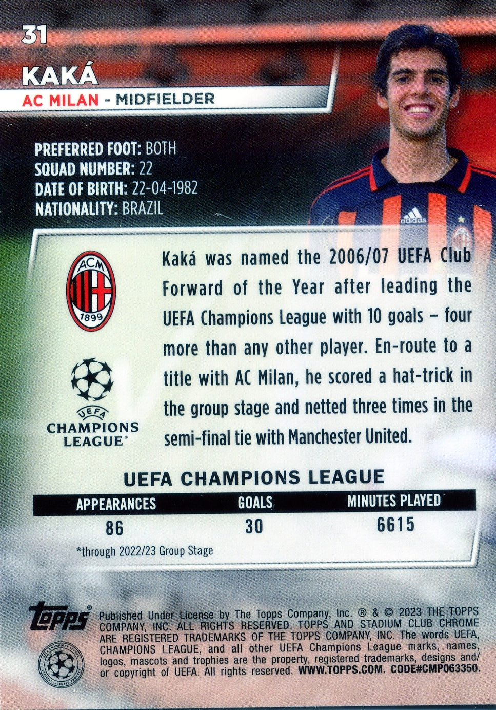 Cromo Trading Card Fútbol-Kaká-AC Milan-Topps Stadium Club Uefa Chrome 2022-2023-#031-Básico Parallel-1