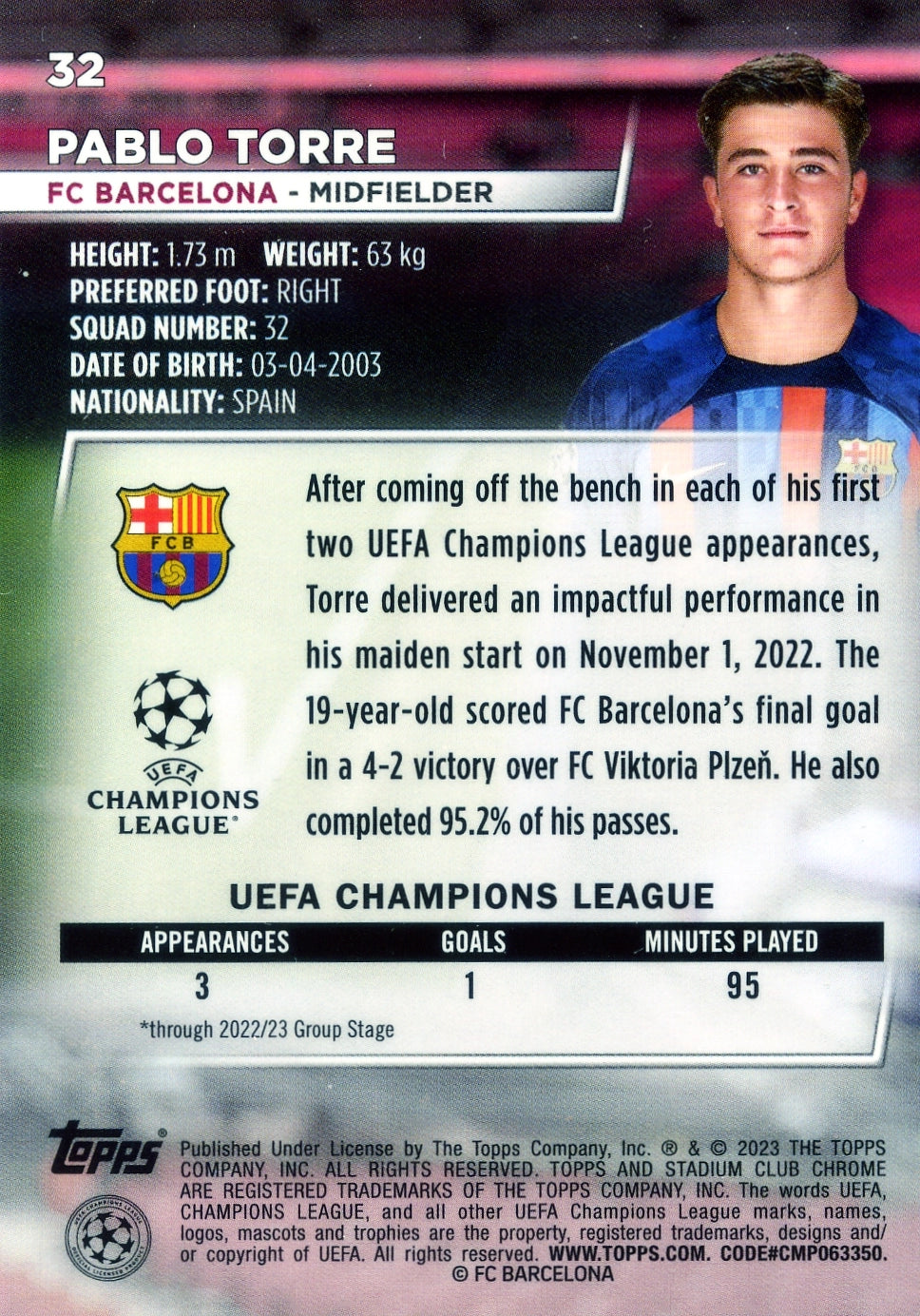 Cromo Trading Card Fútbol-Pablo Torre-FC Barcelona-Topps Stadium Club Uefa Chrome 2022-2023-#032-Básico Parallel-1
