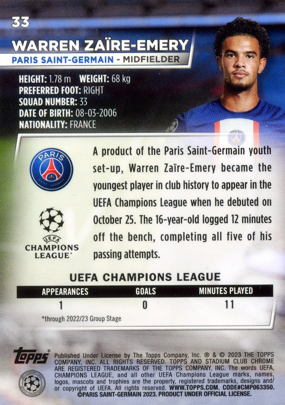 Cromo Trading Card Fútbol-Warren Zaïre-Emery-Paris Saint-Germain-Topps Stadium Club Uefa Chrome 2022-2023-#033-Básico Parallel-1