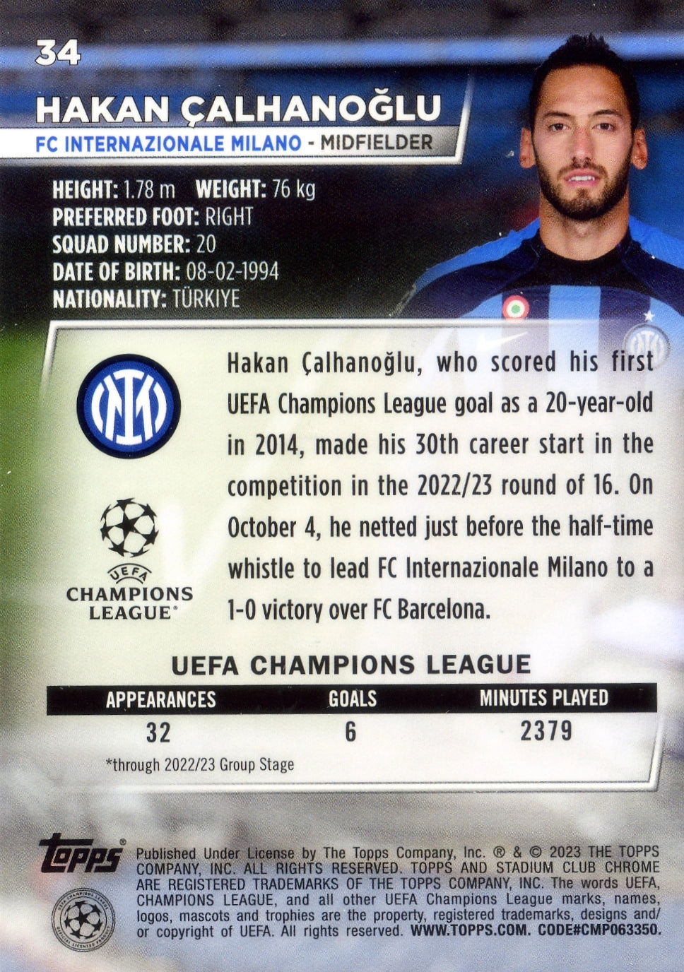 Cromo Trading Card Fútbol-Hakan Çalhanoğlu-FC Internazionale Milano-Topps Stadium Club Uefa Chrome 2022-2023-#034-Básico Parallel-1