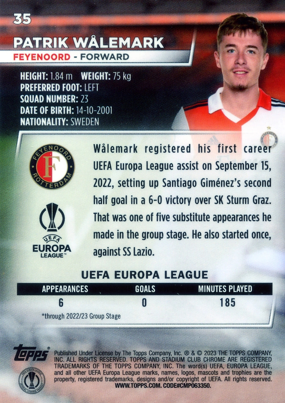 Cromo Trading Card Fútbol-Patrik Wålemark-Feyenoord-Topps Stadium Club Uefa Chrome 2022-2023-#035-Básico Parallel-1
