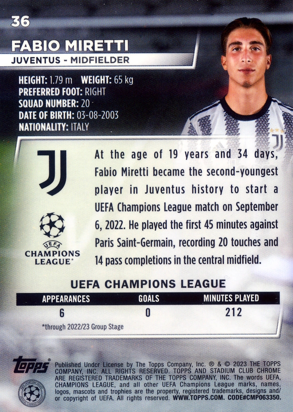 Cromo Trading Card Fútbol-Fabio Miretti-Juventus-Topps Stadium Club Uefa Chrome 2022-2023-#036-Básico Parallel-1