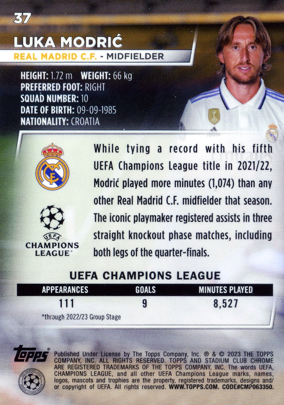 Cromo Trading Card Fútbol-Luka Modrić-Real Madrid CF-Topps Stadium Club Uefa Chrome 2022-2023-#037-Básico Parallel-1
