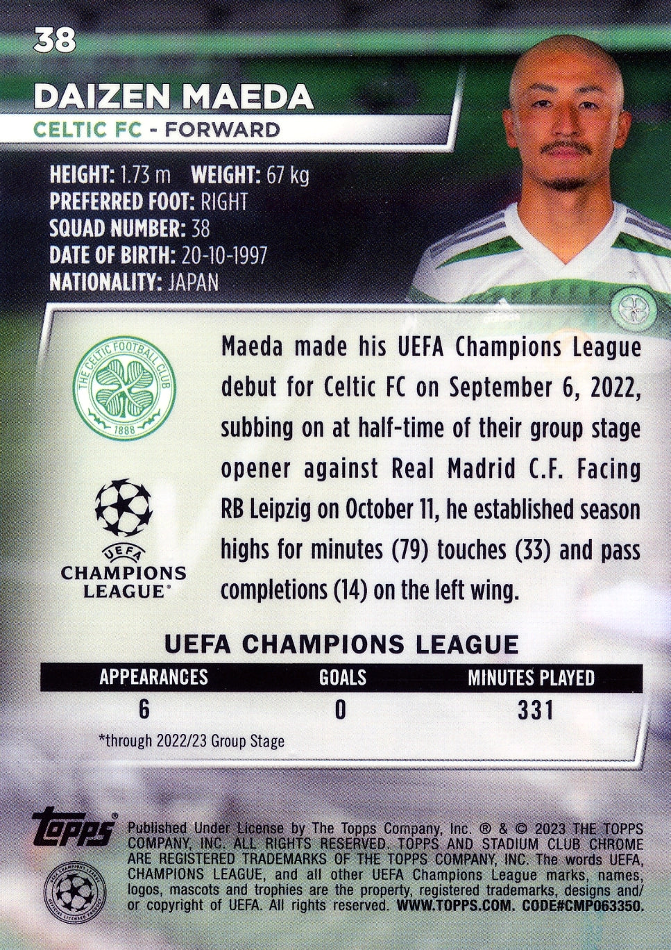 Cromo Trading Card Fútbol-Daizen Maeda-Celtic FC-Topps Stadium Club Uefa Chrome 2022-2023-#038-Básico Parallel-1