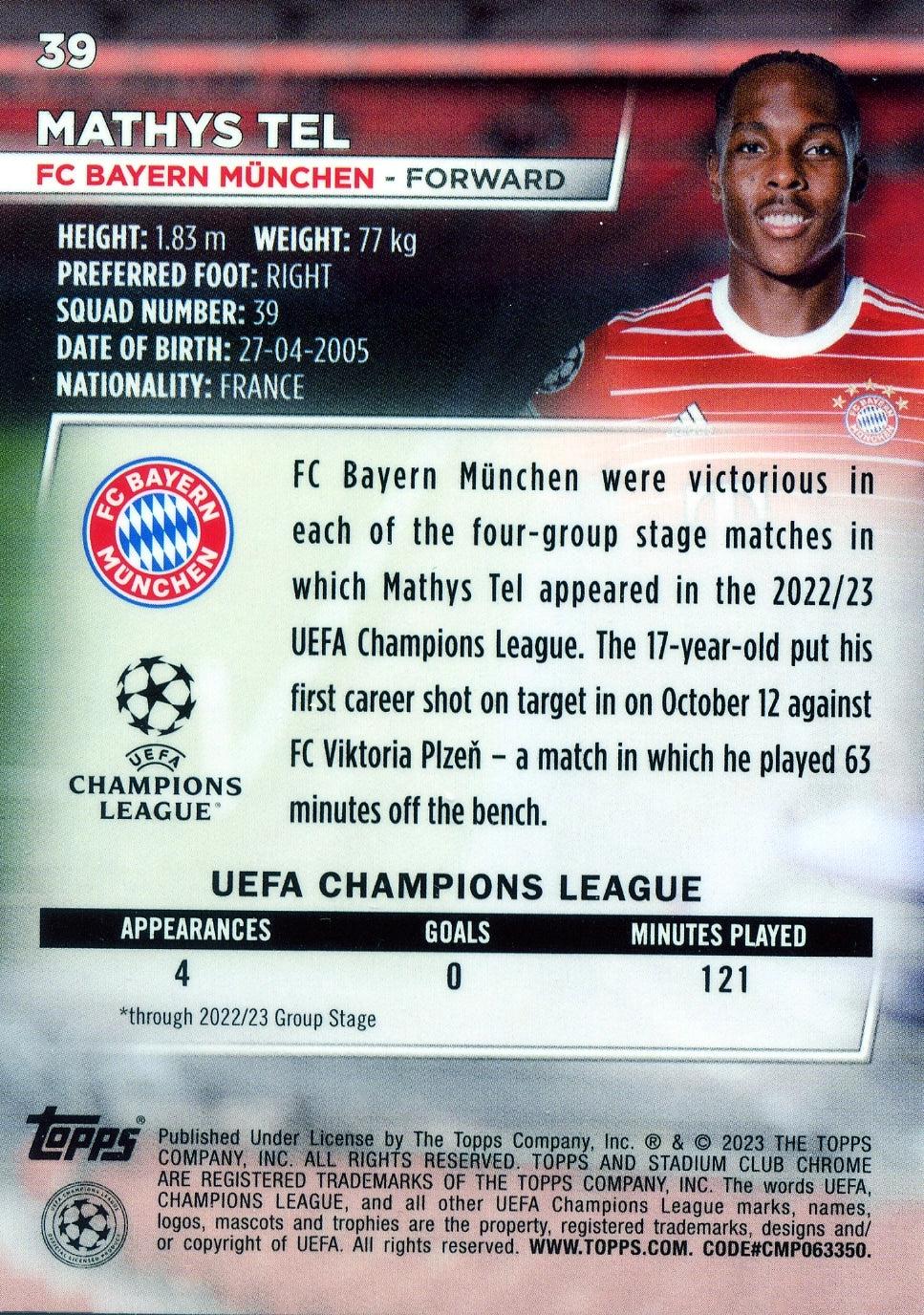 Cromo Trading Card Fútbol-Mathys Tel-FC Bayern München-Topps Stadium Club Uefa Chrome 2022-2023-#039-Básico Parallel-1