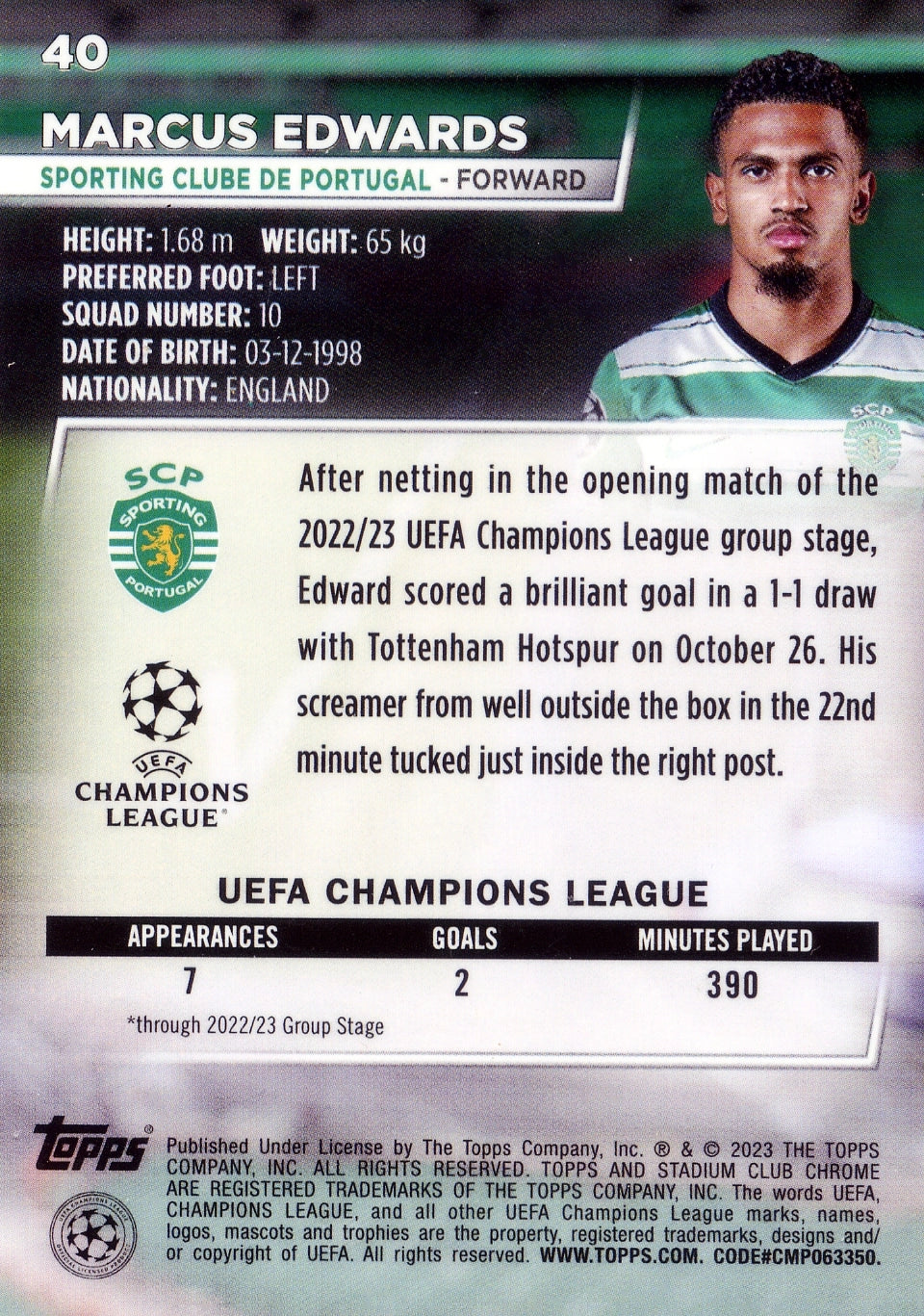 Cromo Trading Card Fútbol-Marcus Edwards-Sporting Clube de Portugal-Topps Stadium Club Uefa Chrome 2022-2023-#040-Básico Parallel-1