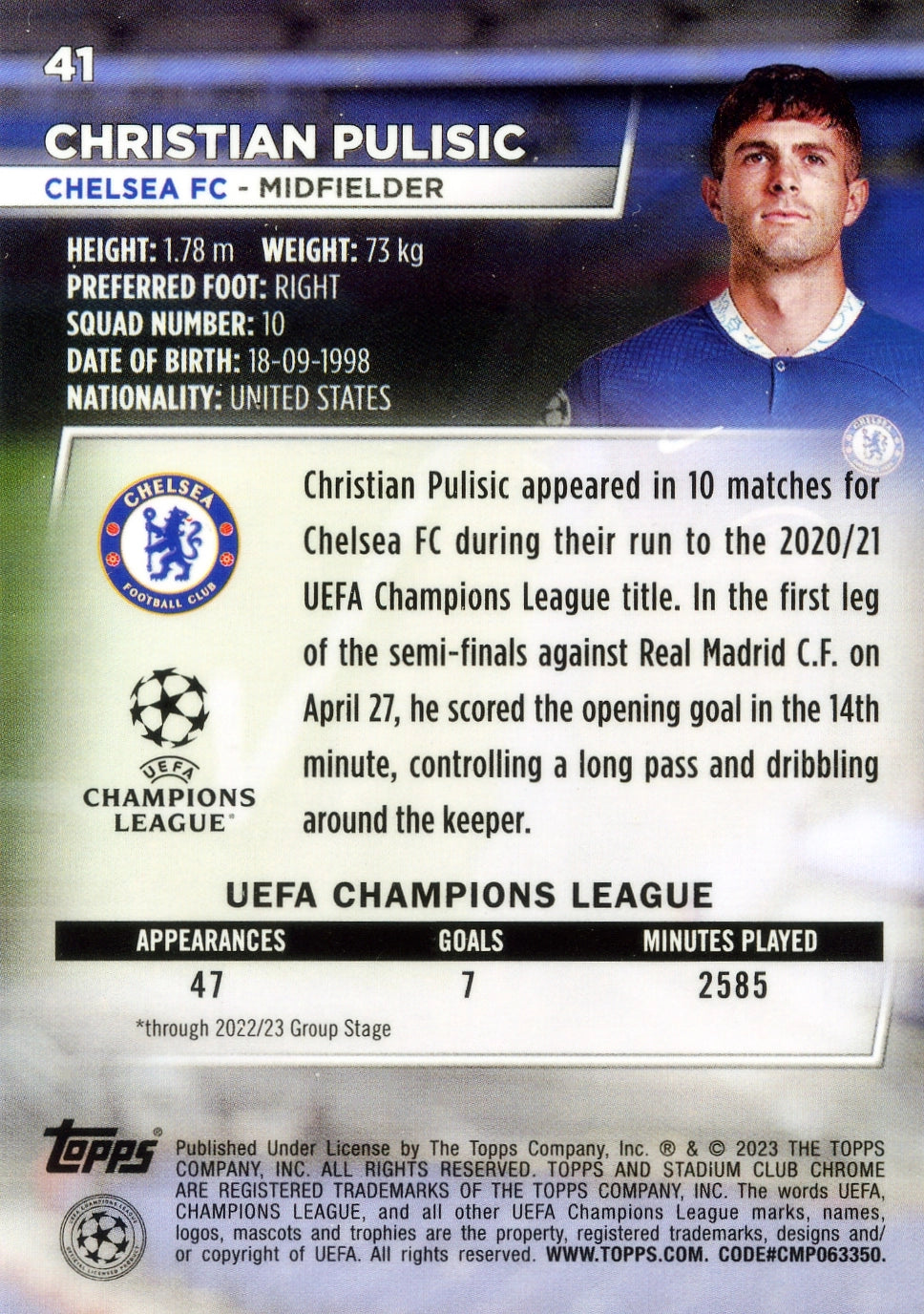 Cromo Trading Card Fútbol-Christian Pulisic-Chelsea FC-Topps Stadium Club Uefa Chrome 2022-2023-#041-Básico Parallel-1