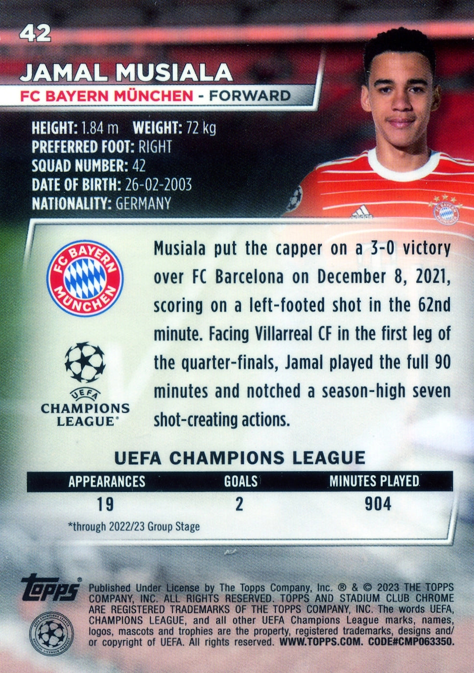 Cromo Trading Card Fútbol-Jamal Musiala-FC Bayern München-Topps Stadium Club Uefa Chrome 2022-2023-#042-Básico Parallel-1