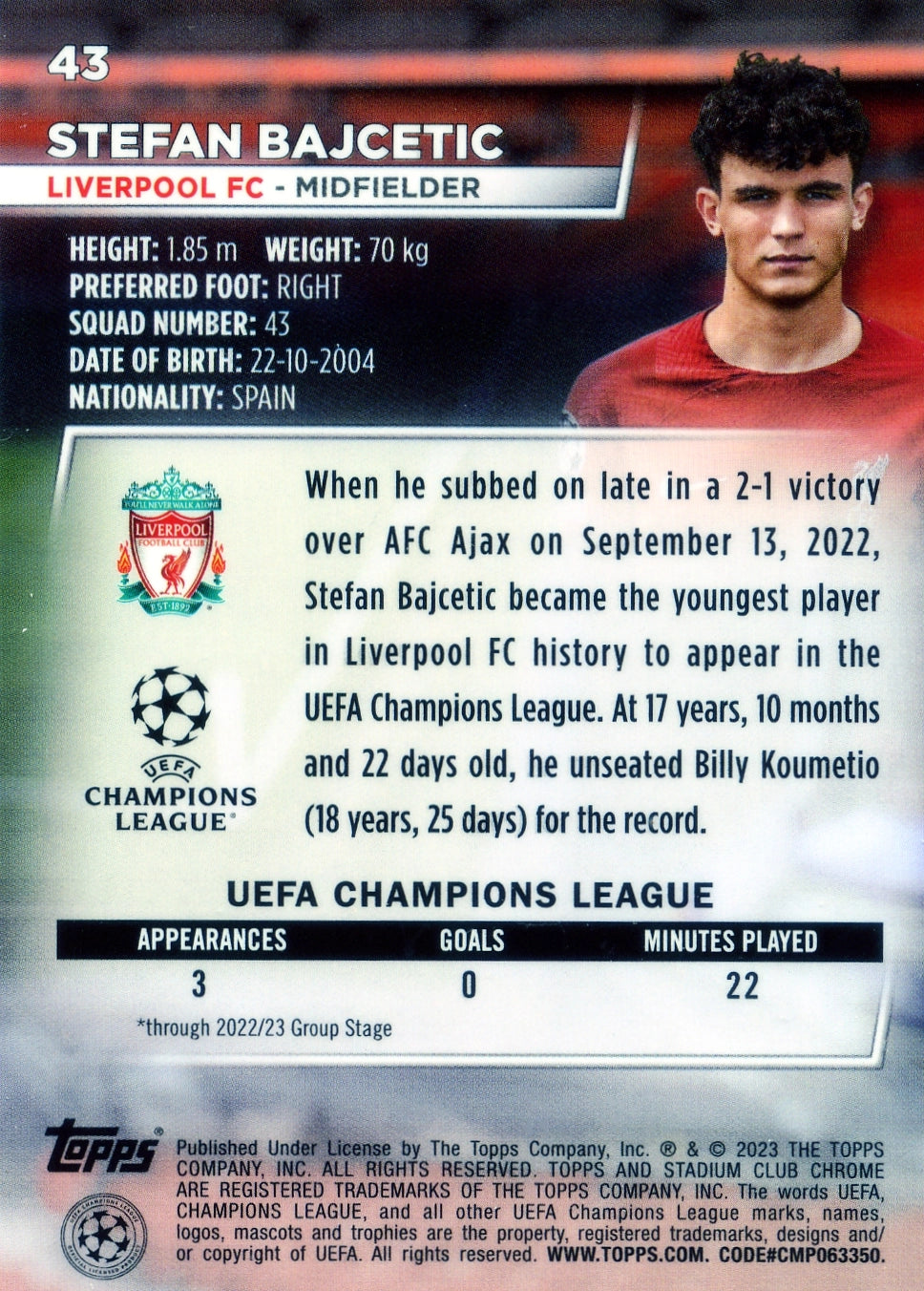 Cromo Trading Card Fútbol-Stefan Bajcetic-Liverpool FC-Topps Stadium Club Uefa Chrome 2022-2023-#043-Básico Parallel-1