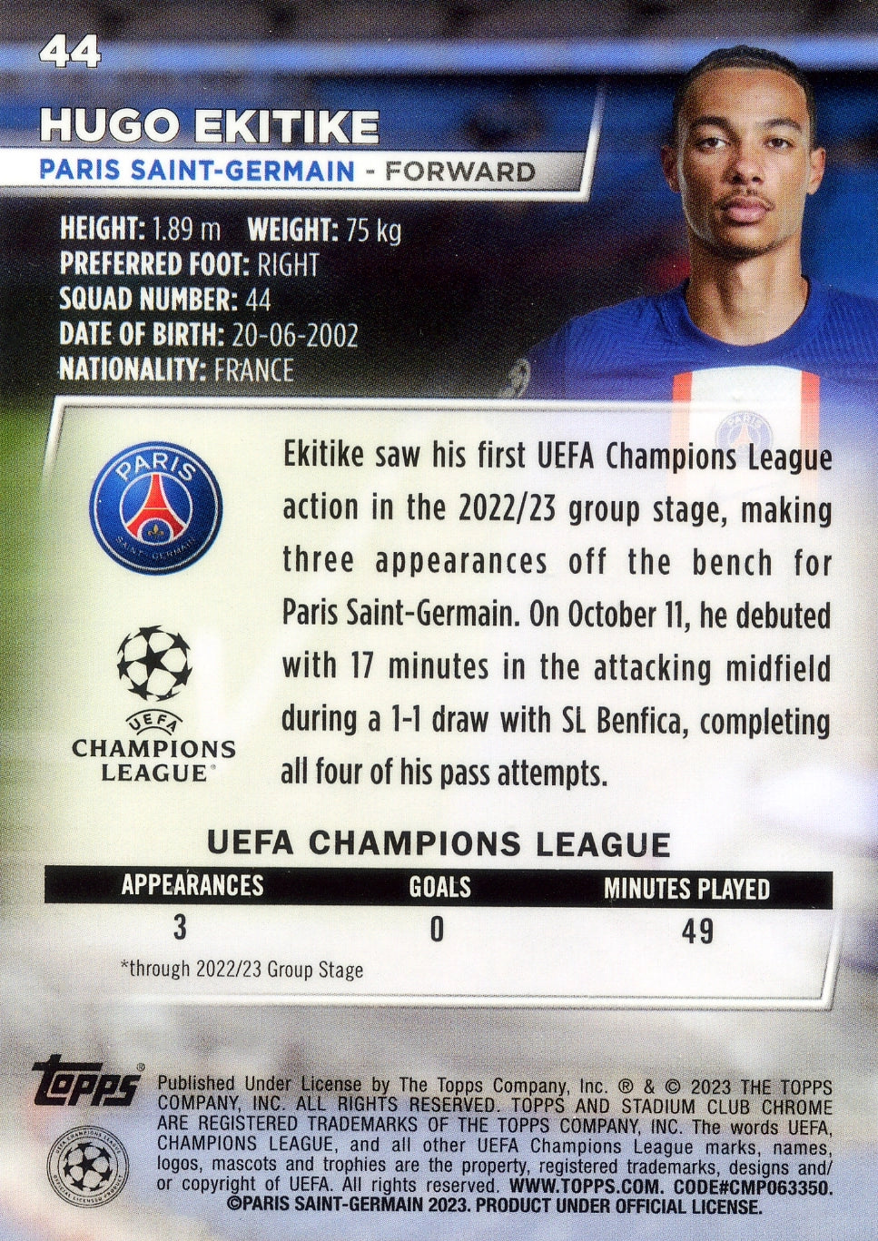 Cromo Trading Card Fútbol-Hugo Ekitike-Paris Saint-Germain-Topps Stadium Club Uefa Chrome 2022-2023-#044-Básico Parallel-1