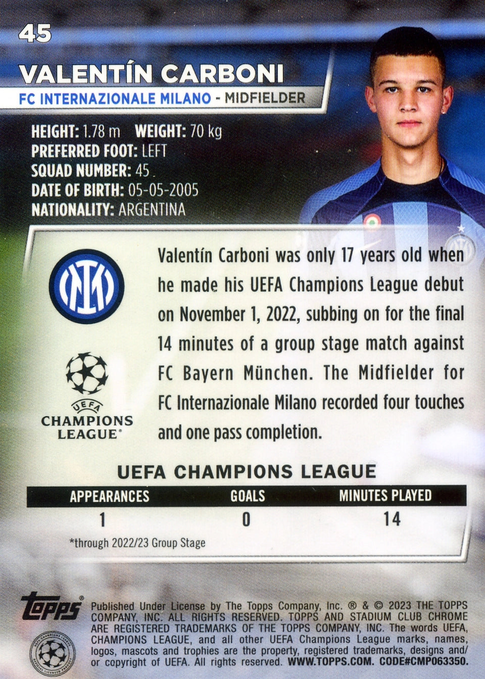 Cromo Trading Card Fútbol-Valentín Carboni-FC Internazionale Milano-Topps Stadium Club Uefa Chrome 2022-2023-#045-Básico Parallel-1