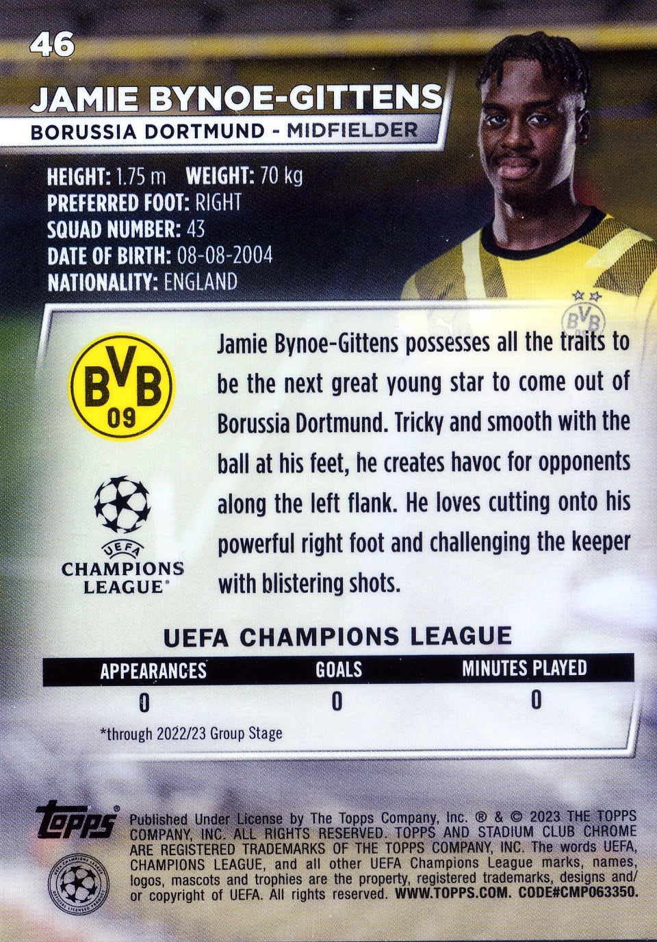 Cromo Trading Card Fútbol-Jamie Bynoe-Gittens-Borussia Dortmund-Topps Stadium Club Uefa Chrome 2022-2023-#046-Básico Parallel-1