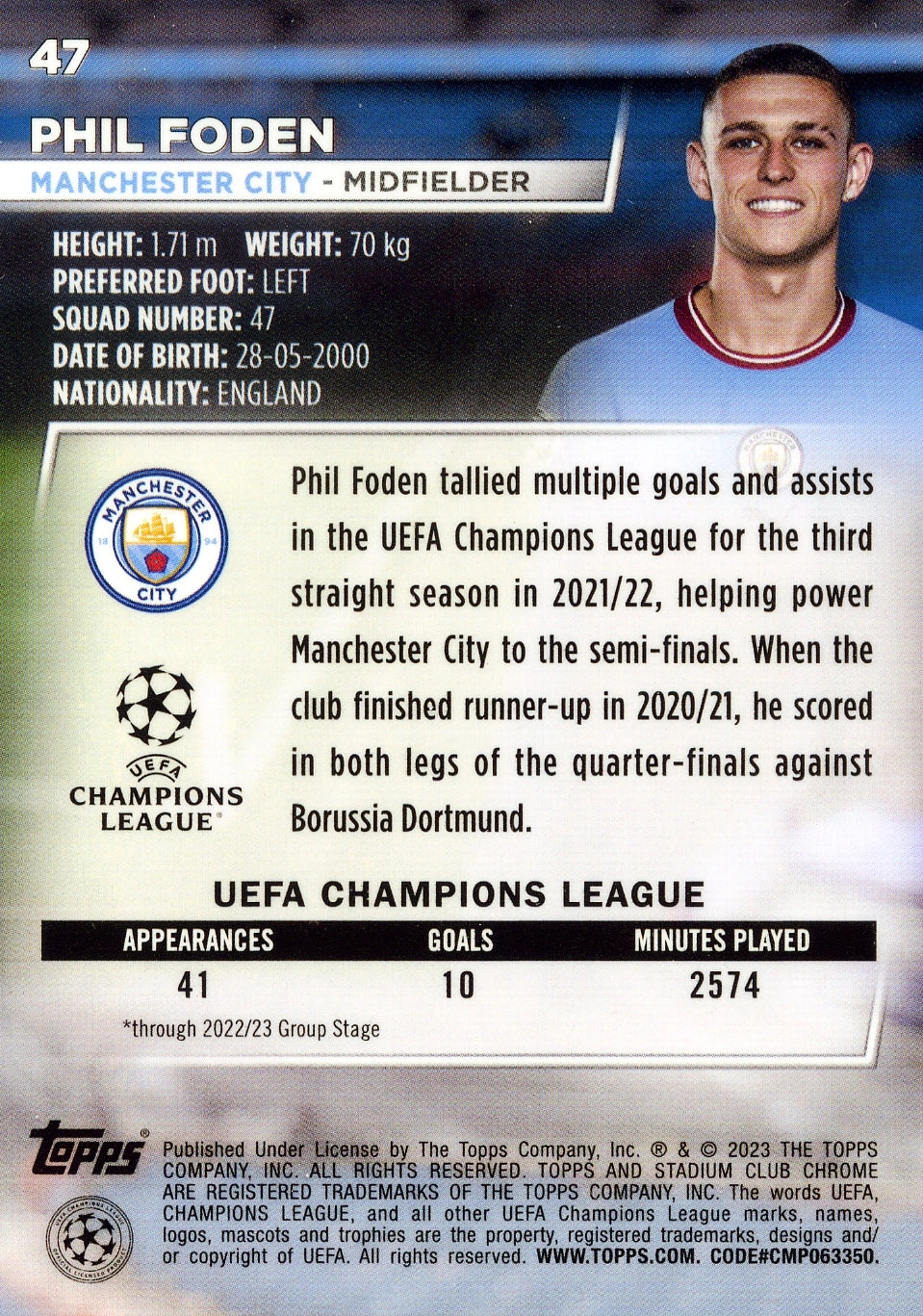 Cromo Trading Card Fútbol-Phil Foden-Manchester City-Topps Stadium Club Uefa Chrome 2022-2023-#047-Básico Parallel-1
