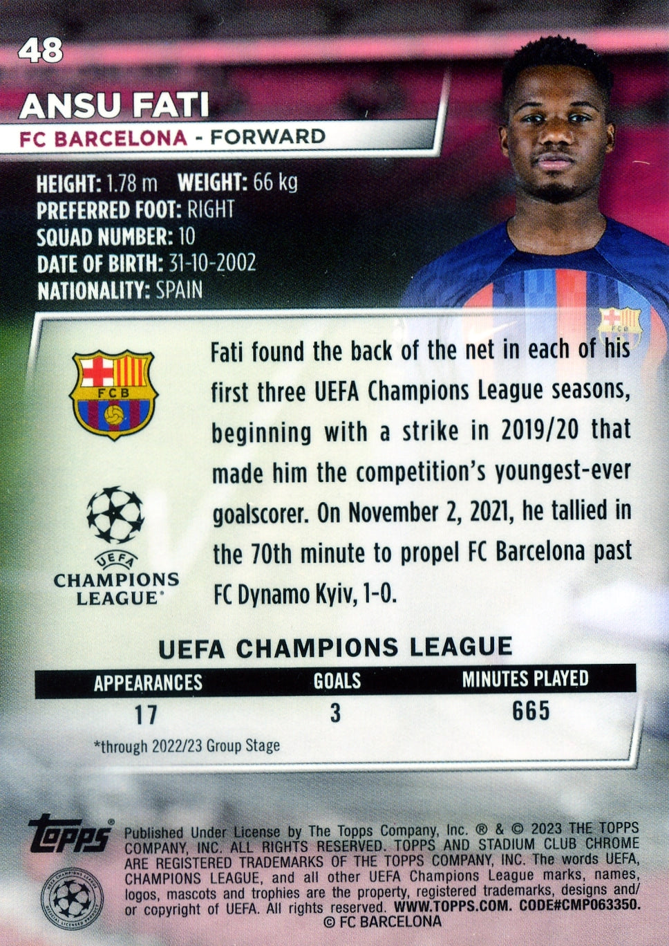 Cromo Trading Card Fútbol-Ansu Fati-FC Barcelona-Topps Stadium Club Uefa Chrome 2022-2023-#048-Básico Parallel-1