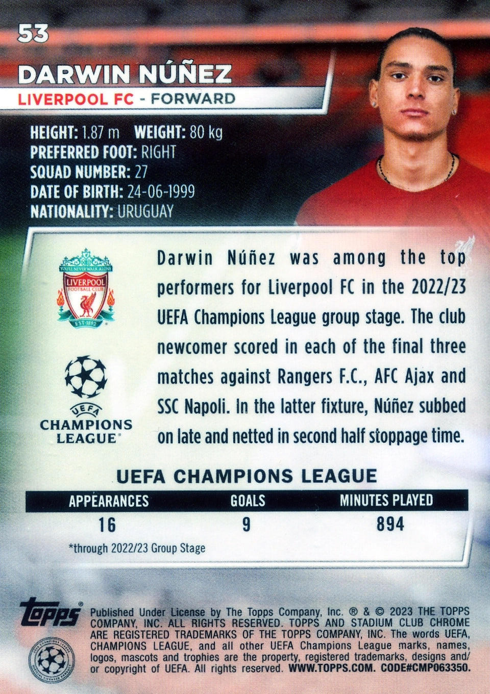 Cromo Trading Card Fútbol-Darwin Núñez-Liverpool FC-Topps Stadium Club Uefa Chrome 2022-2023-#053-Básico Parallel-1