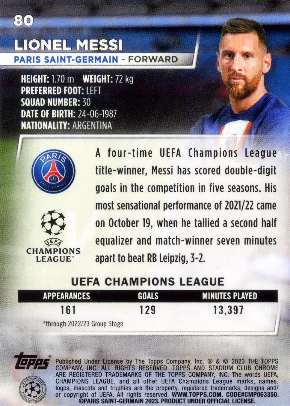 Cromo Trading Card Fútbol-Lionel Messi-Paris Saint-Germain-Topps Stadium Club Uefa Chrome 2022-2023-#080-Básico Parallel-1