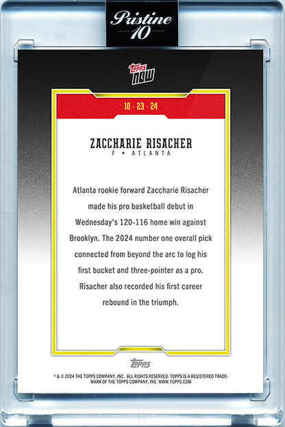 Zaccharie Risacher - 2024 - Topps Now Basketball - Debut NBA, Nº 1 Draft 2024 - #002 - World Trading Cards - Tarjeta Basketball - Cromos Pristine 10